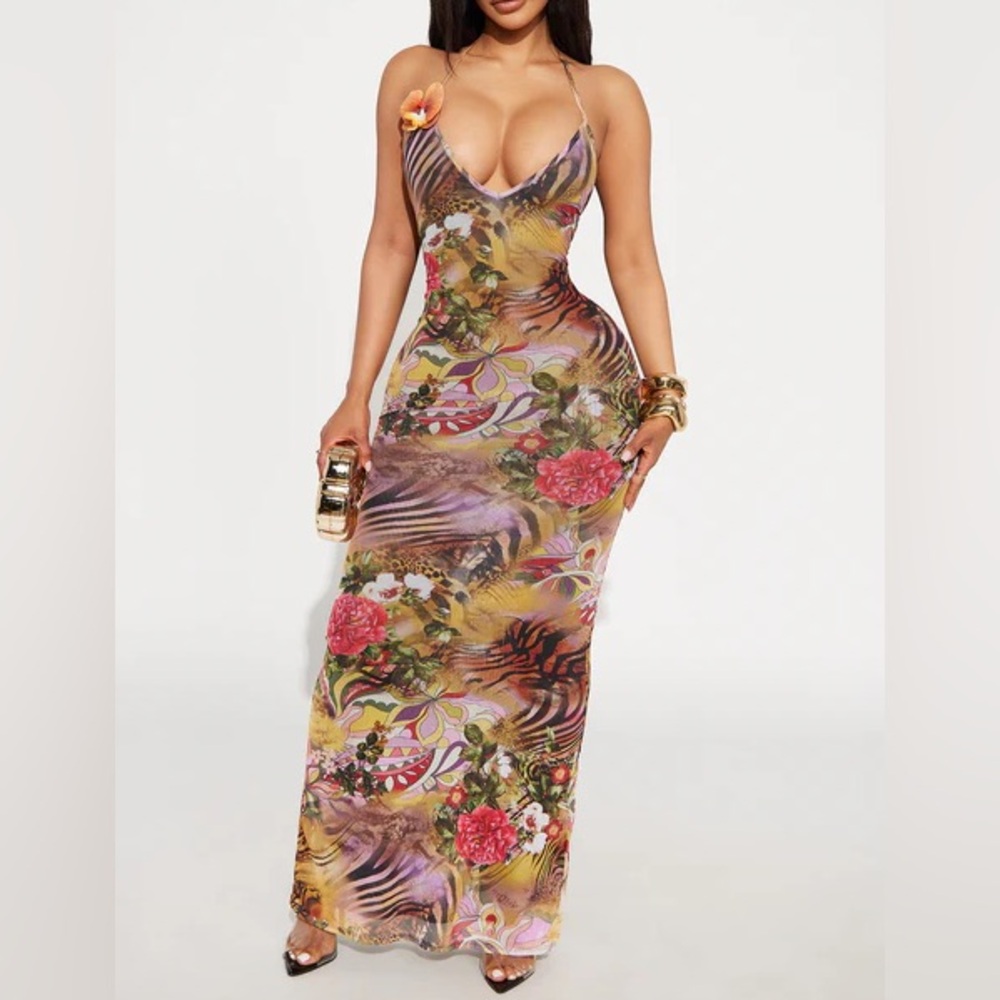 Floral Print Spaghetti Strap Maxi Dress - Yellow/Pink